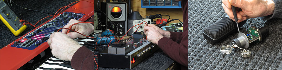 Electronic Music keyboard on the bench being tested and repaired, Tube guitar amplifier on the bench being tested and repaired, Capsule style microphone apart on the bench under repair.